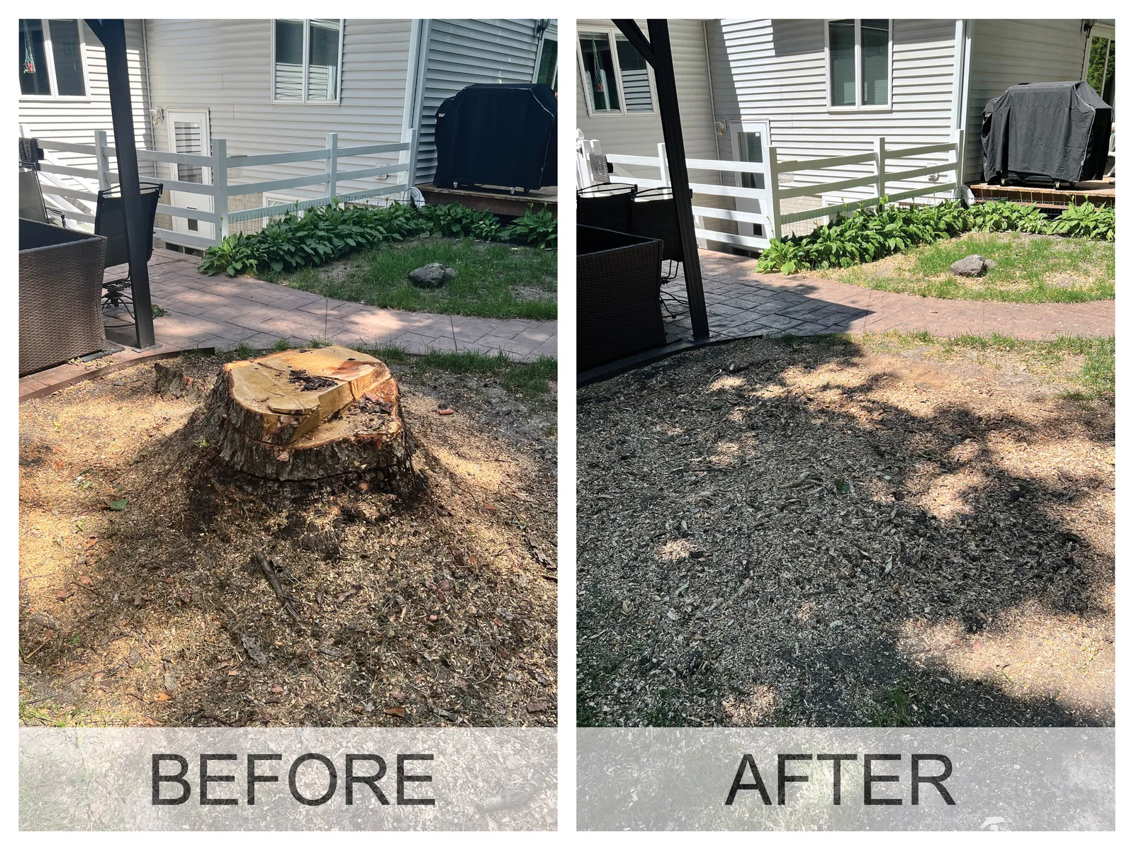 Before and after a stump grinding job in the Cedar Valley